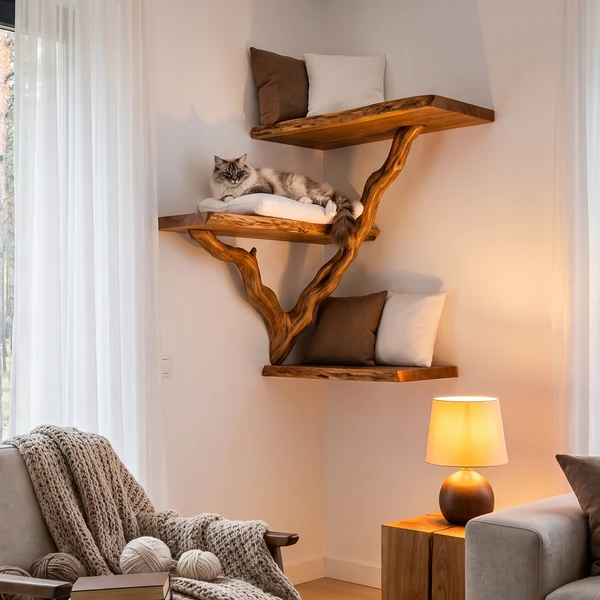 Cat resting on a rustic wall-mounted floating branch shelf