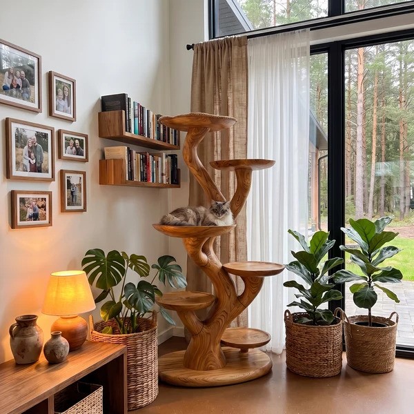 Sculptural solid-wood cat tree with organic curved form and multiple platforms