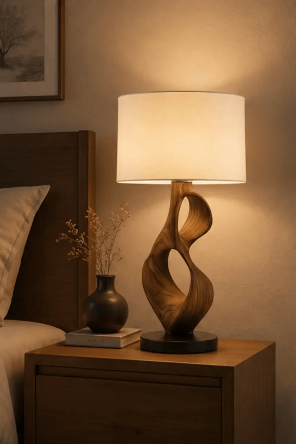 Sculptural wooden art lamp on a bedside table