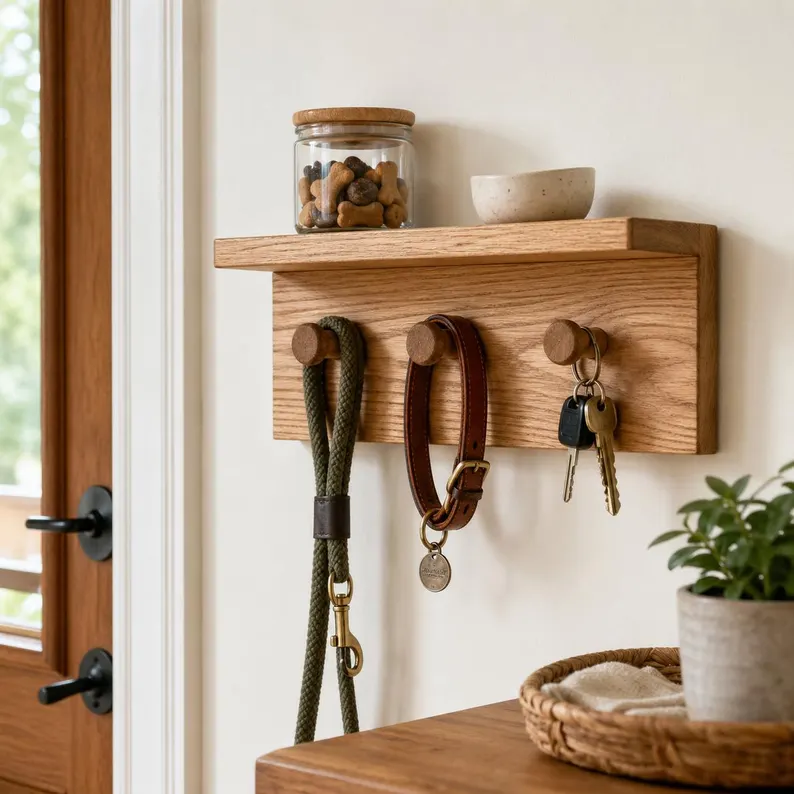 Wooden wall-mounted leash holder shelf styled in an entryway