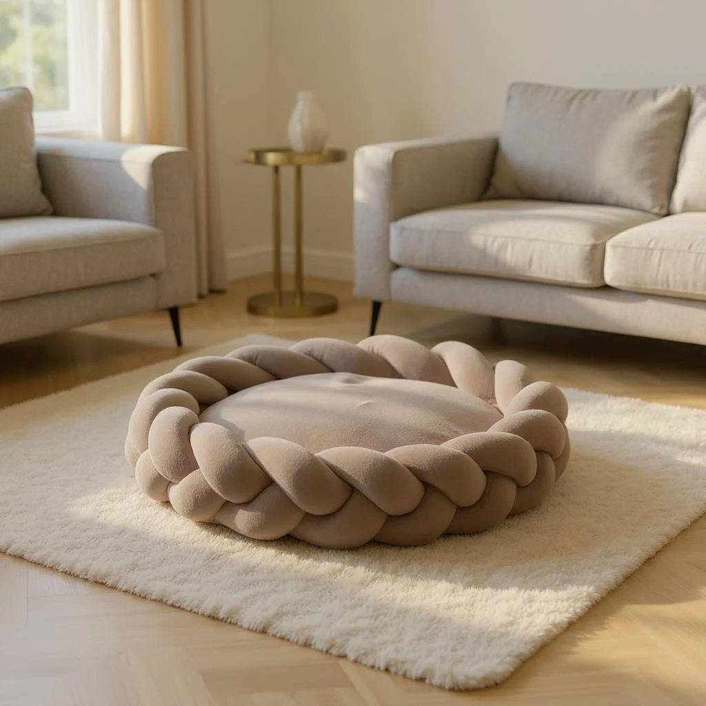 Dog resting on a sculptural upholstered pet bed that reads as real furniture