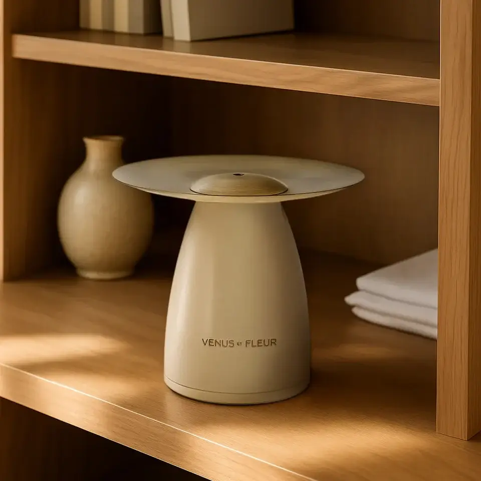 Sculptural waterless fragrance diffuser on a nightstand