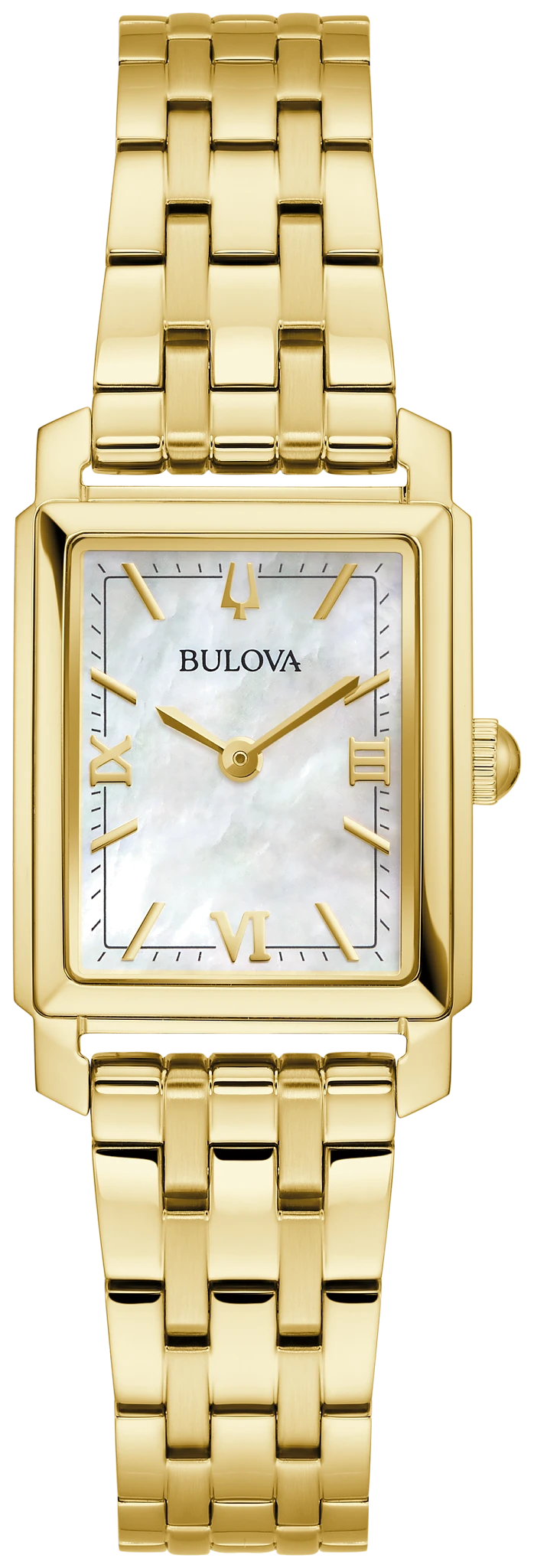 Bulova Sutton 97L177 gold-tone watch with a mother-of-pearl dial and bracelet