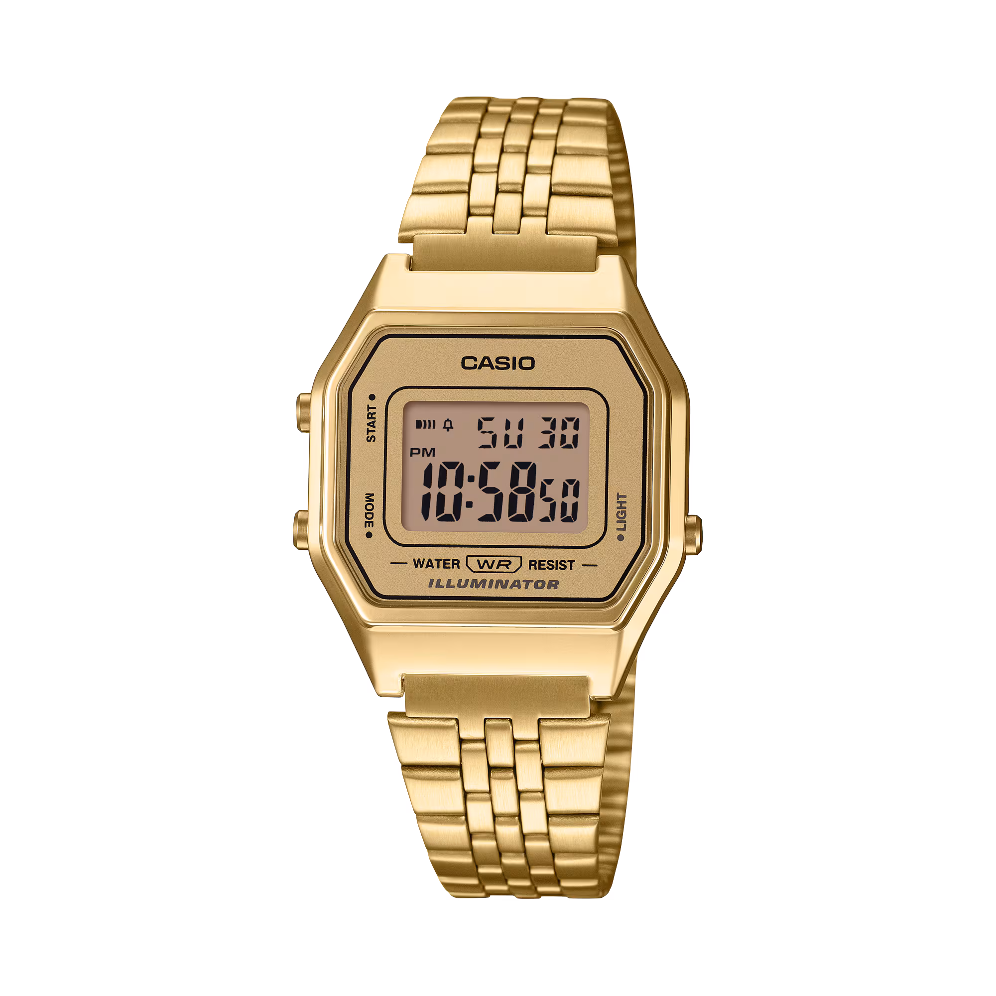 Casio Vintage LA680WGA-9 gold-tone digital watch on a matching bracelet