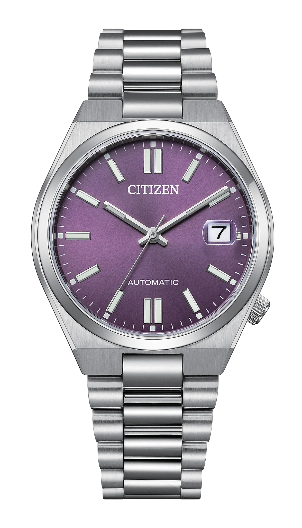 Citizen Tsuyosa 37mm automatic watch with a purple dial and steel bracelet