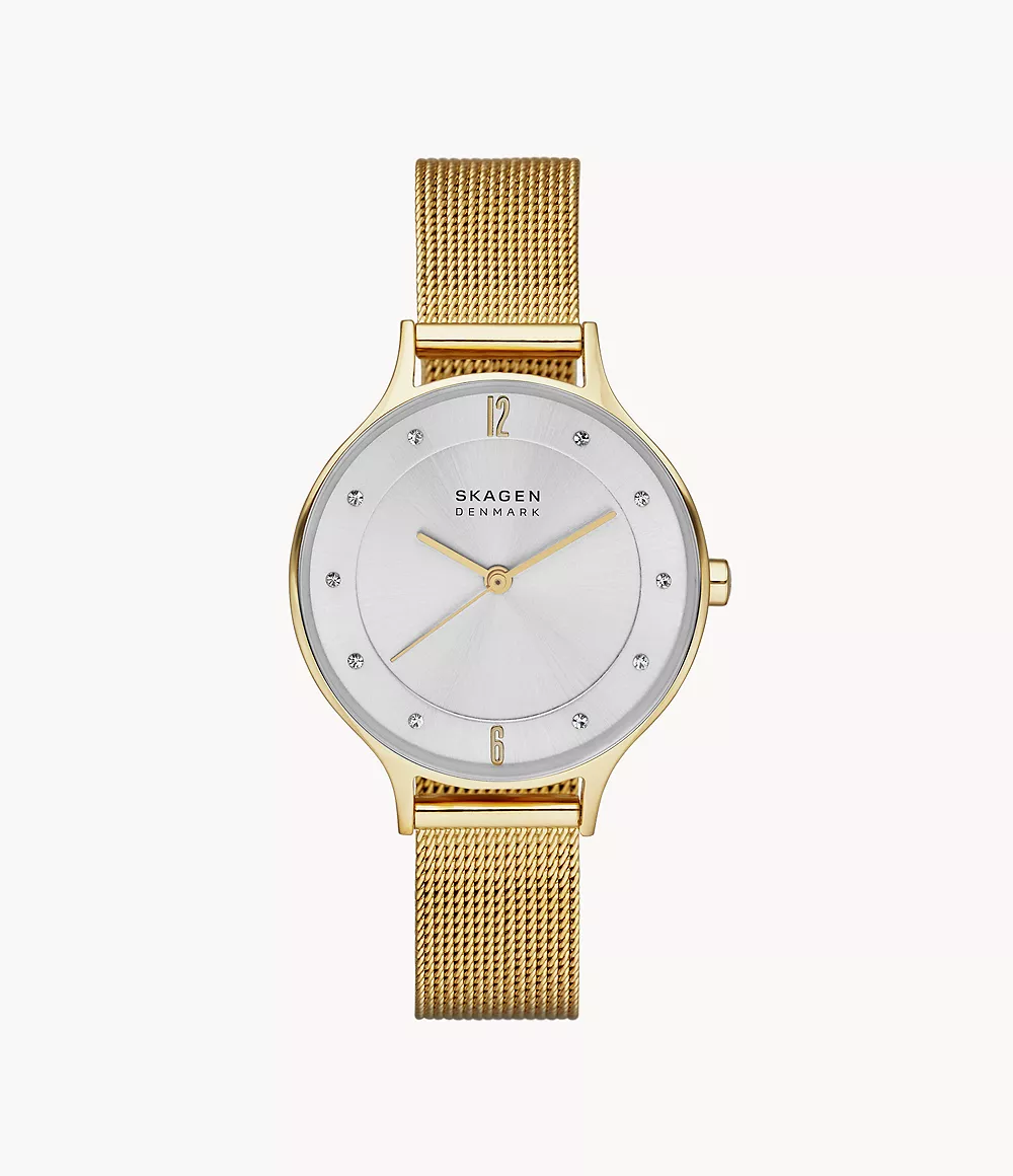 Skagen Anita Lille watch with a white dial and gold-tone mesh band