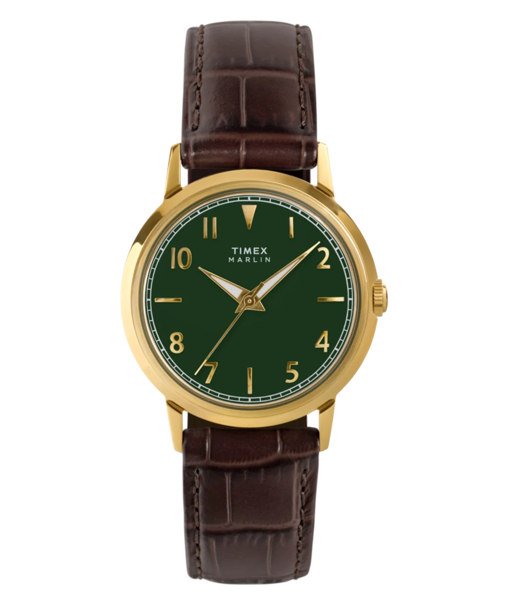 Timex Marlin quartz 34mm watch with a green dial and brown leather strap