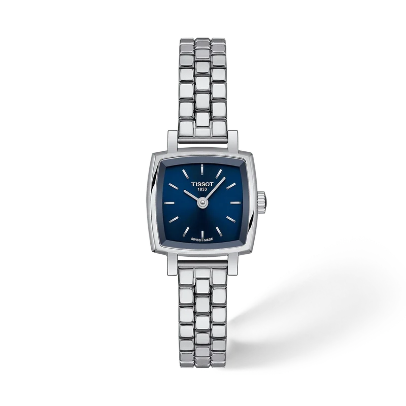 Tissot Lovely Square watch with a blue dial and steel bracelet