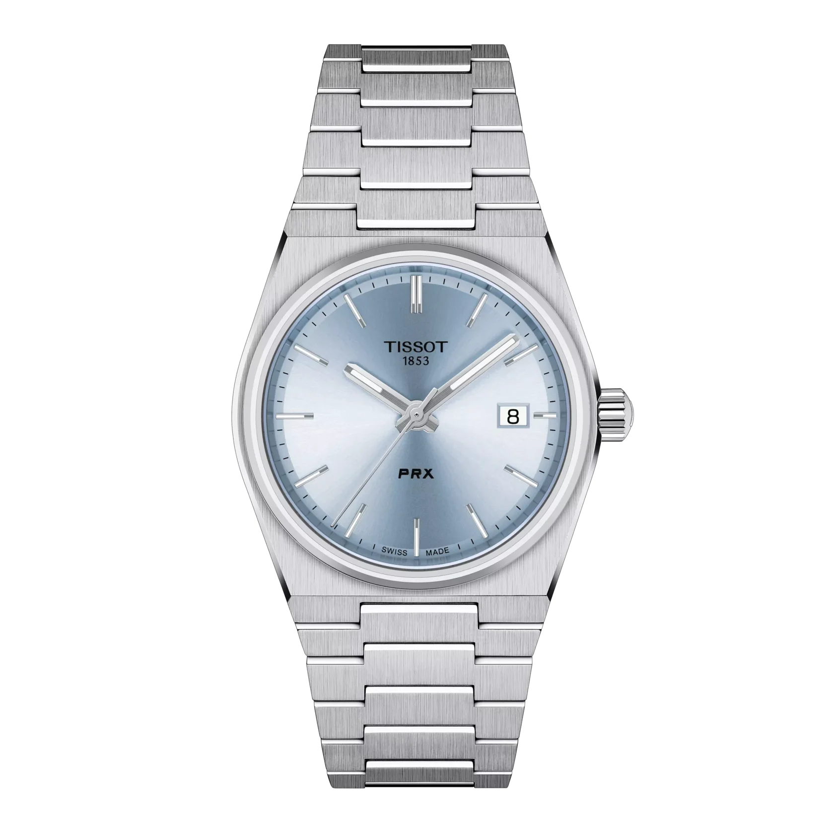 Tissot PRX 35mm quartz watch with a light blue dial and integrated steel bracelet