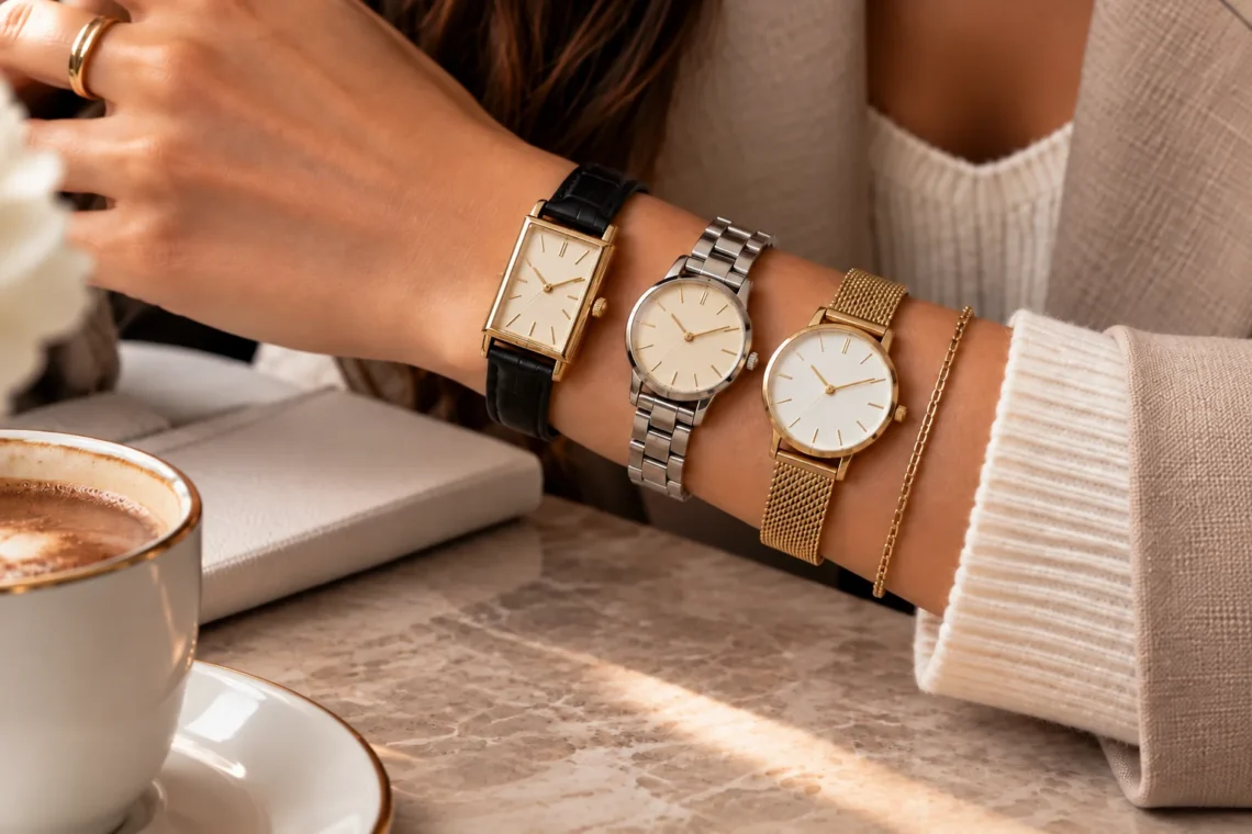 Three women's watches worn together on one wrist: a rectangular gold watch on a black strap, a steel bracelet watch and a gold mesh watch